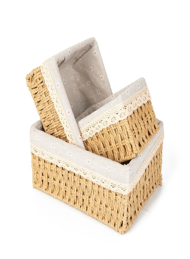 Agirlvct Wicker Baskets with Liner for Counter, Natural Paper Rope Rattan Storage Basket,Hand Woven Pantry Table Organizer Bins for Bedroom Living Room School Shelves Office Desk (3 Pack Beige) - Image 1